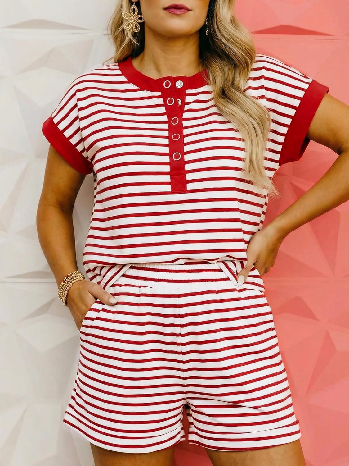 Fisoew Womens Striped 2 Piece Outfits Shorts Sets Casual Button Henley Shirts Tops Loose Workout Matching Lounge Sets