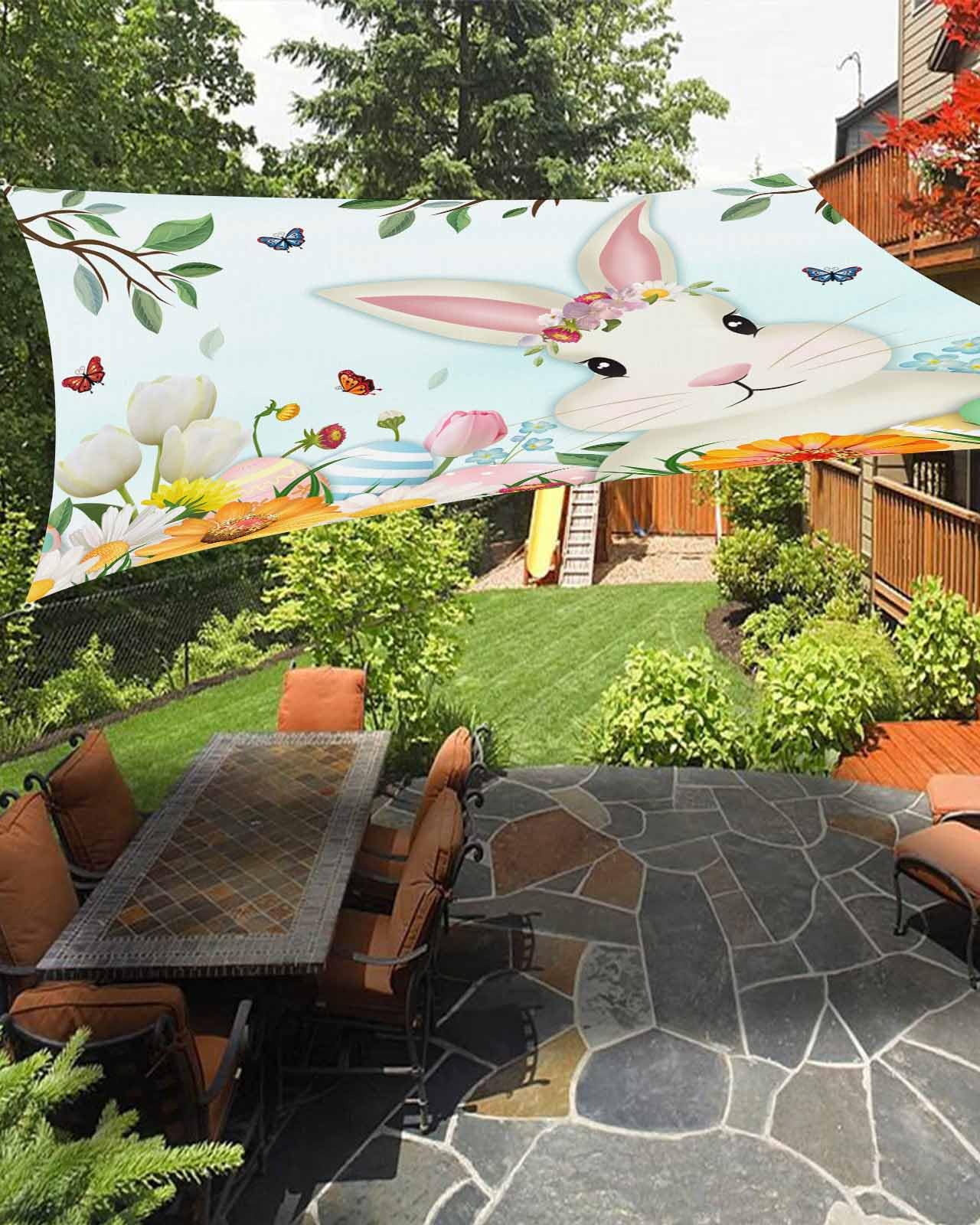 Boanket Sun Shade Sail 14' x 18', Spring Easter Bunny Large Heavy Duty Outdoor Shades Sun Screen, Colorful Floral Eggs Botanical Shade Cloth for Patio Deck Terrace Garden Lawns Beach Backyard
