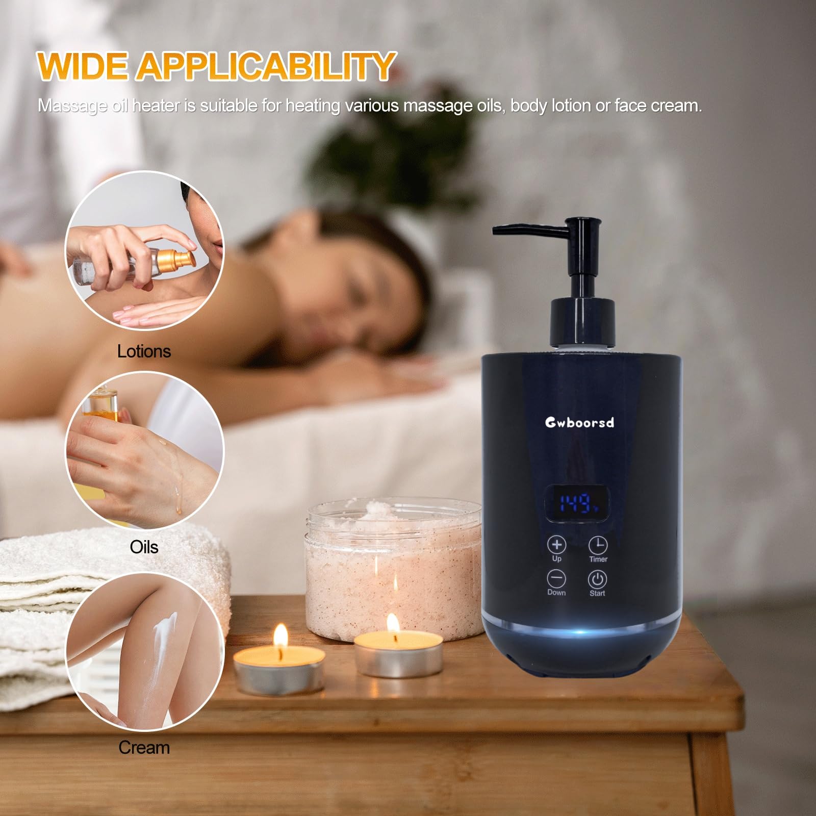Podgrzewacz oleju do masażu, podgrzewacz oleju do masażu, balsam podgrzewacz oleju do spa, salonu i salonów fryzjerskich, z 2 dozownikami butelek oleju, z 1 białym lejkiem, nastrojowe światła