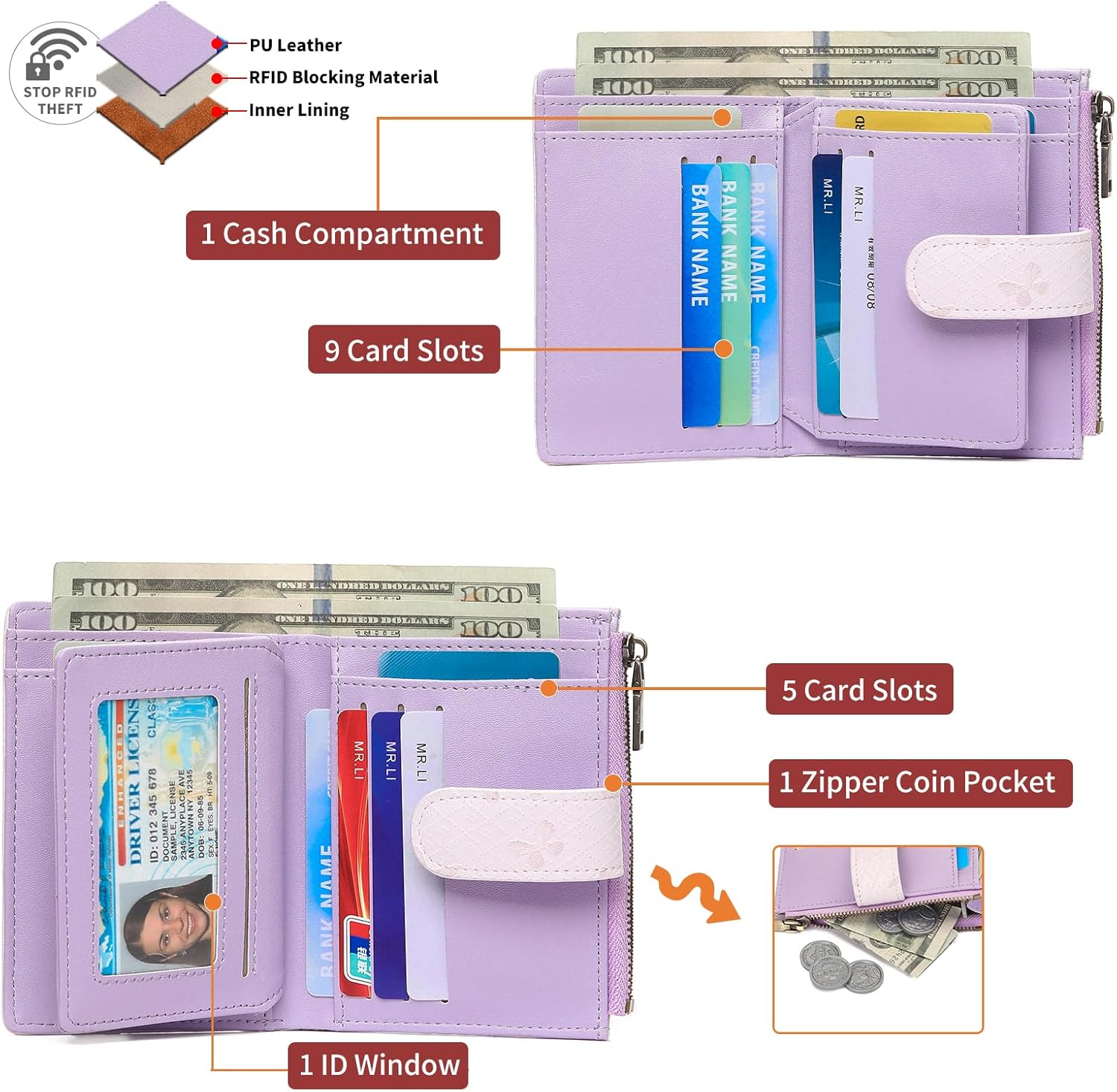 GAEKEAO Small Wallets for Women Leather RFID Blocking Bifold Zipper Pocket Wallet Card Case Purse with ID Window - Image 2