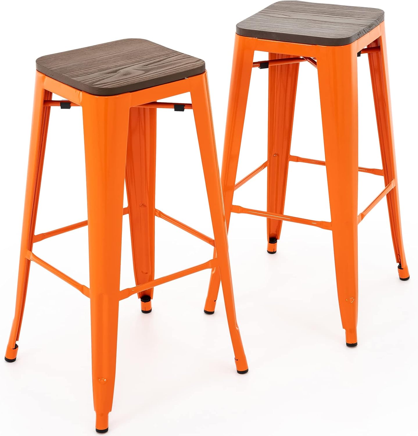 Brage Living 30 Inch Metal Bar Stools with Square Solid Elm