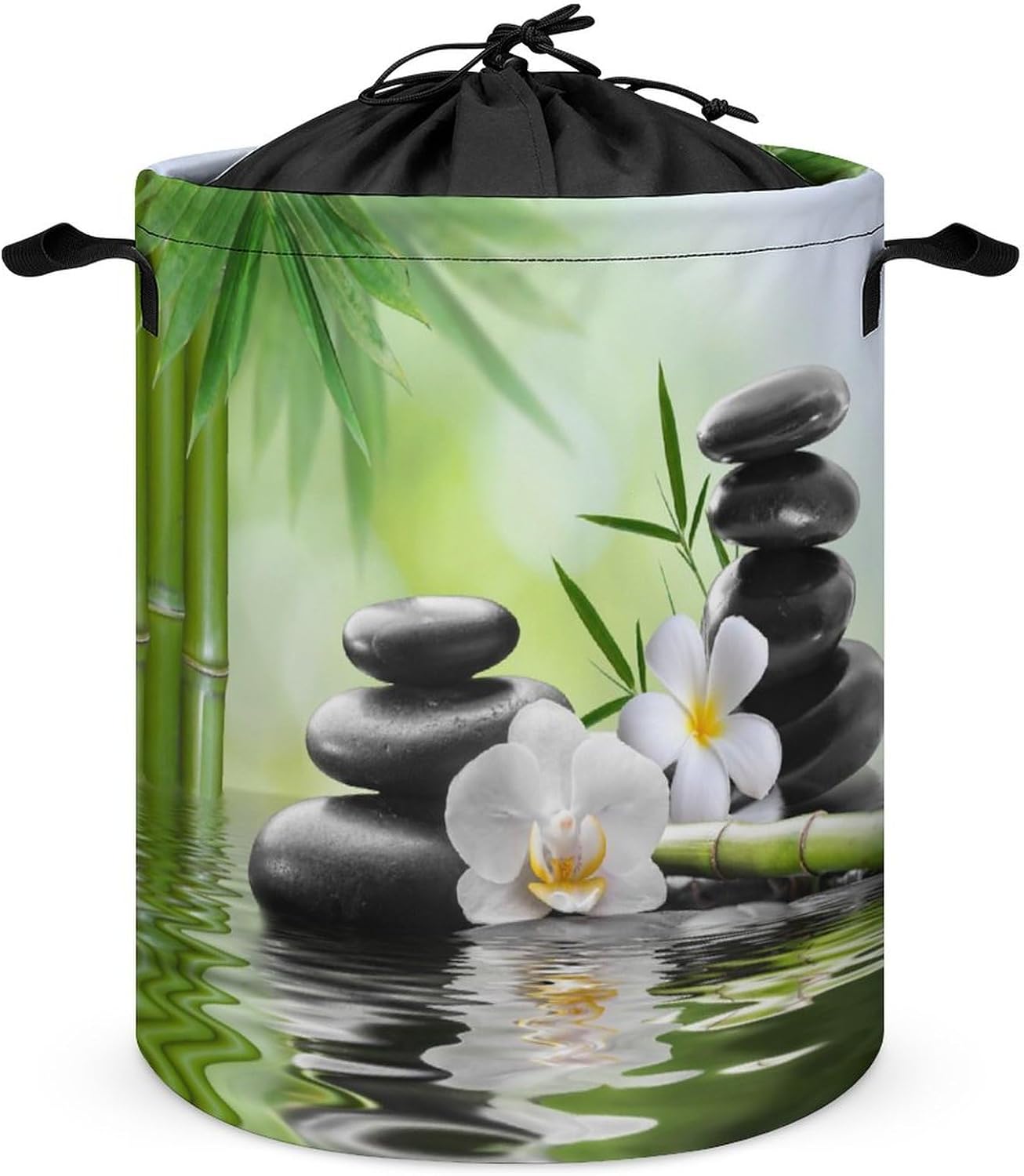 Zen Spring Garden Foldable Waterproof Laundry Basket Japanese Style Spa Black Stone White Flower Green Bamboo Print for Blanket Toys Dirty Clothes in Living Room Bathroom Bedroom One Size