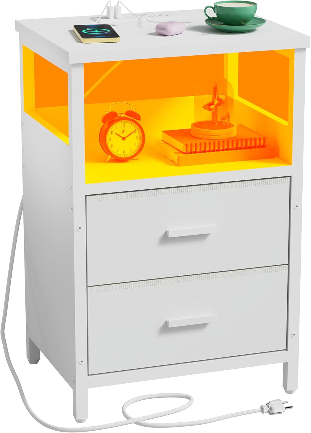 LED Nightstand with Charging Station, Side Table with USB Ports and Outlets, End Table for Small Spaces, White Bedside Tables for Bedroom, Living Room, Office