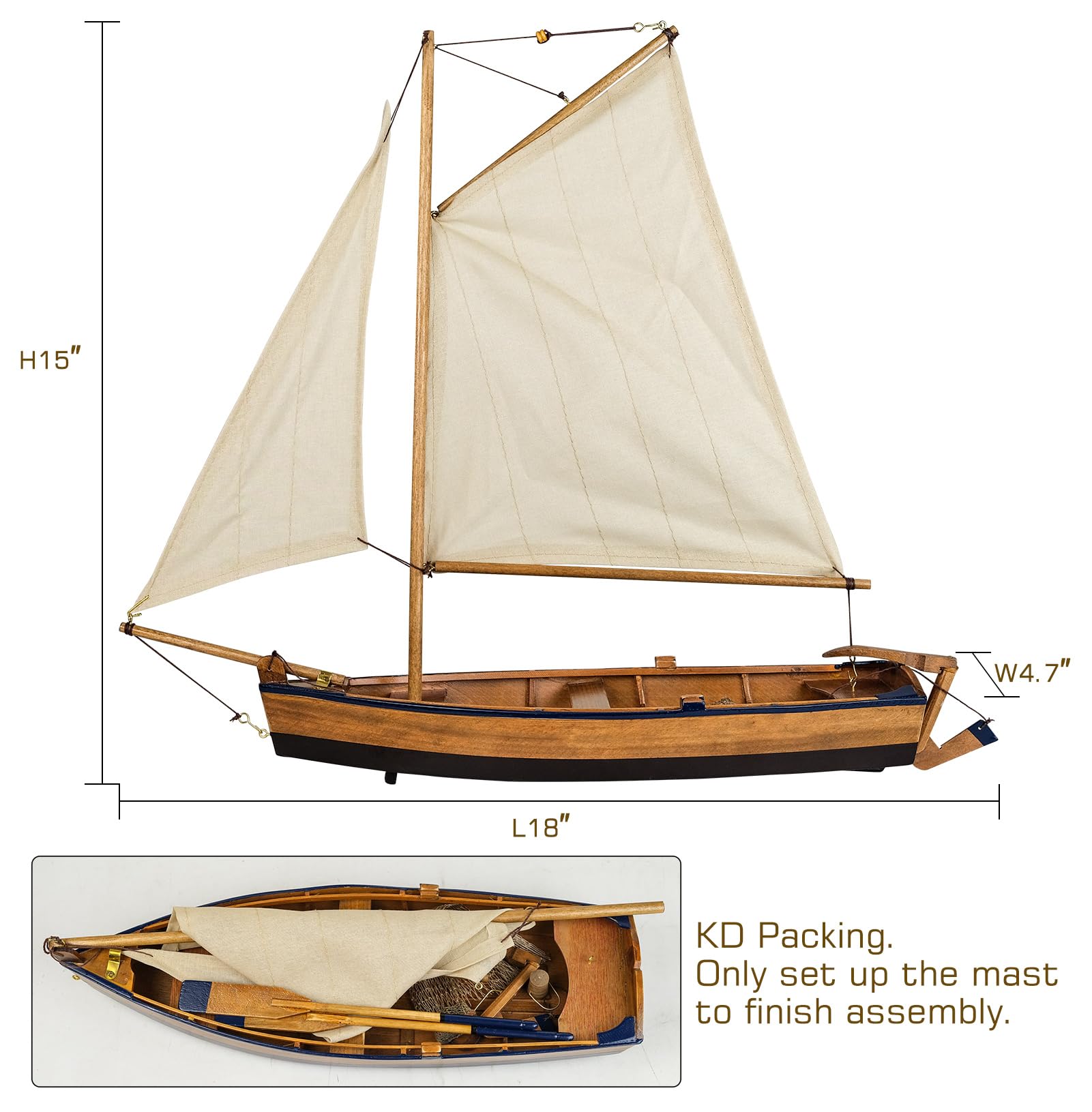 Sailingstory Fischerboot aus Holz, Ruderboot, Segelboot, Modell, nautische Stranddekoration, 45,7 cm