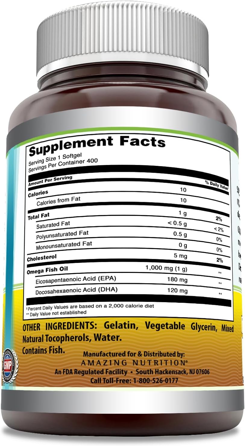 Amazing Omega Fish Oil Supplement | Omega-3, 180 mg EPA. 120 mg DHA | 1000 Mg | 400 Softgels | Non-GMO | Gluten-Free | Made in USA