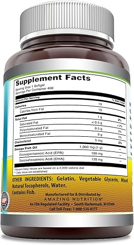 Miniatura 2 de Amazing Omega Fish Oil 1000 mg Softgels Suplemento  Omega-3, 180 mg de EPA. 120 mg de DHA  Alta potencia (400 unidades)