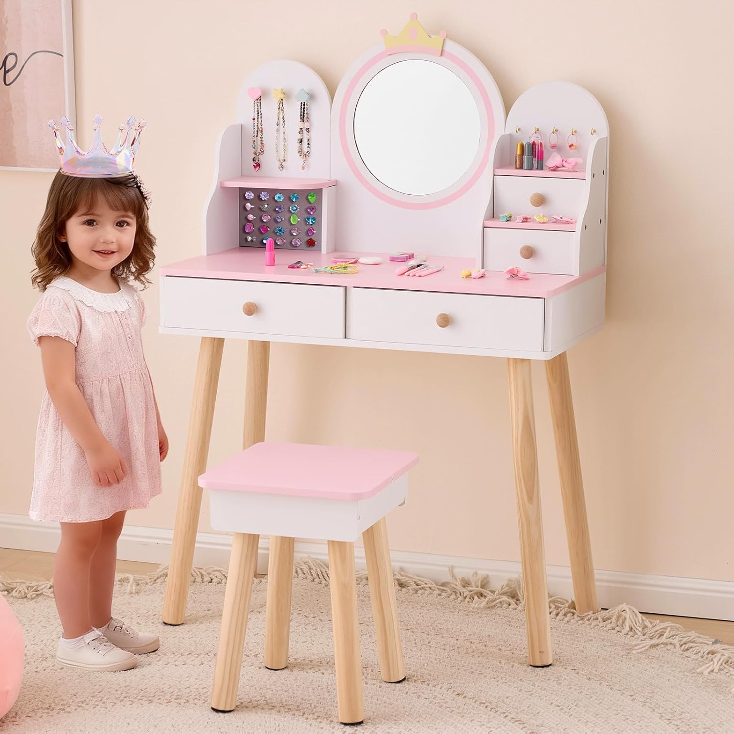 Kids Vanity Set with Jewelry Organizer for Princess, Girls Vanity Table and Chair Set with Drawers & Necklace Hooks, Toddler Makeup Dressing Table with Open Shelves, White
