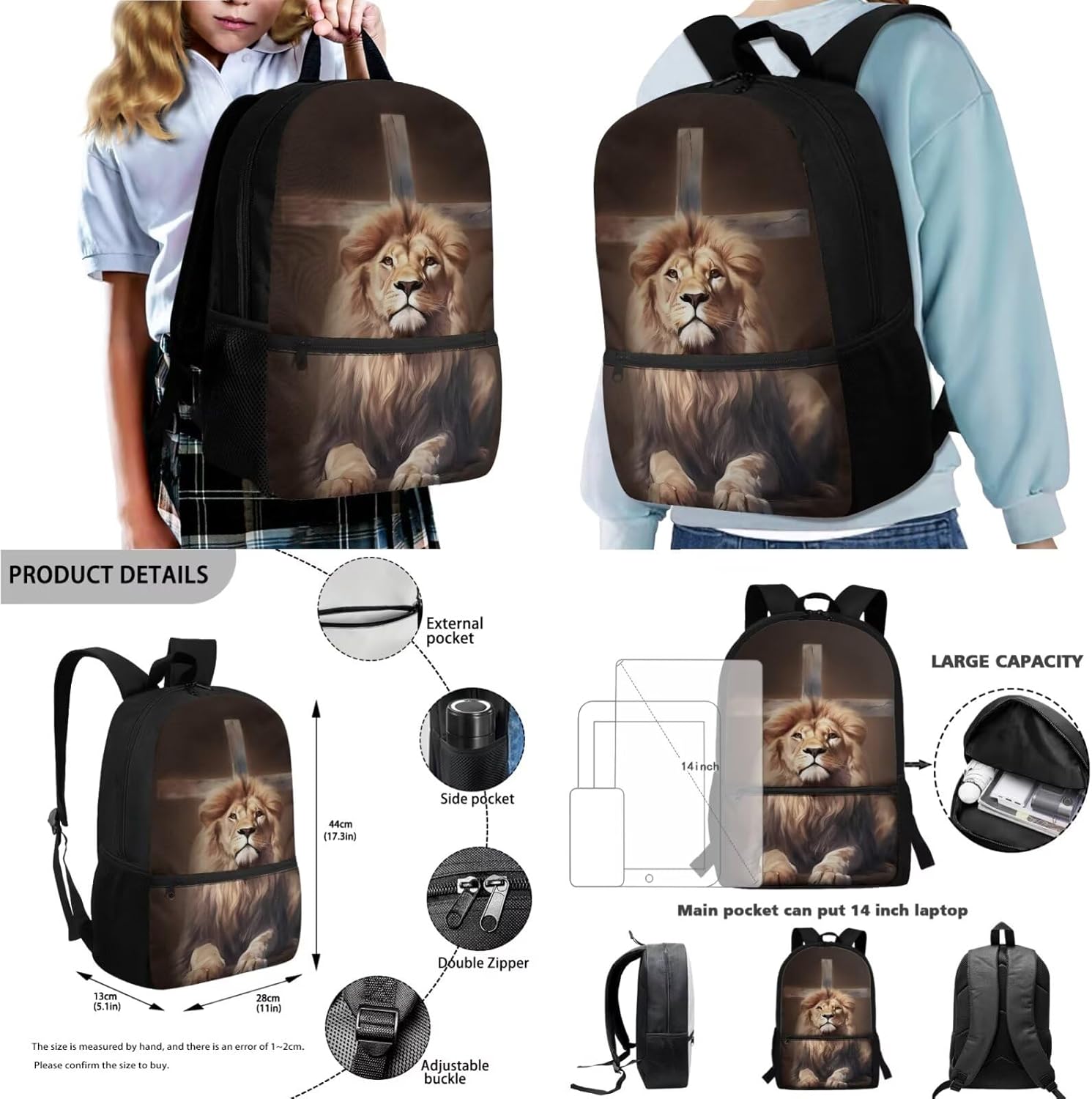 Talayituse Lion Cross Print 4 Pieces Backpack Sets Primary Schoolbag Travel Daypack Shoulder Bag Rucksack Knapsack Bookbag with Lunch Bag/Pencil Case/Water Bottle Sleeve for Boys Girls