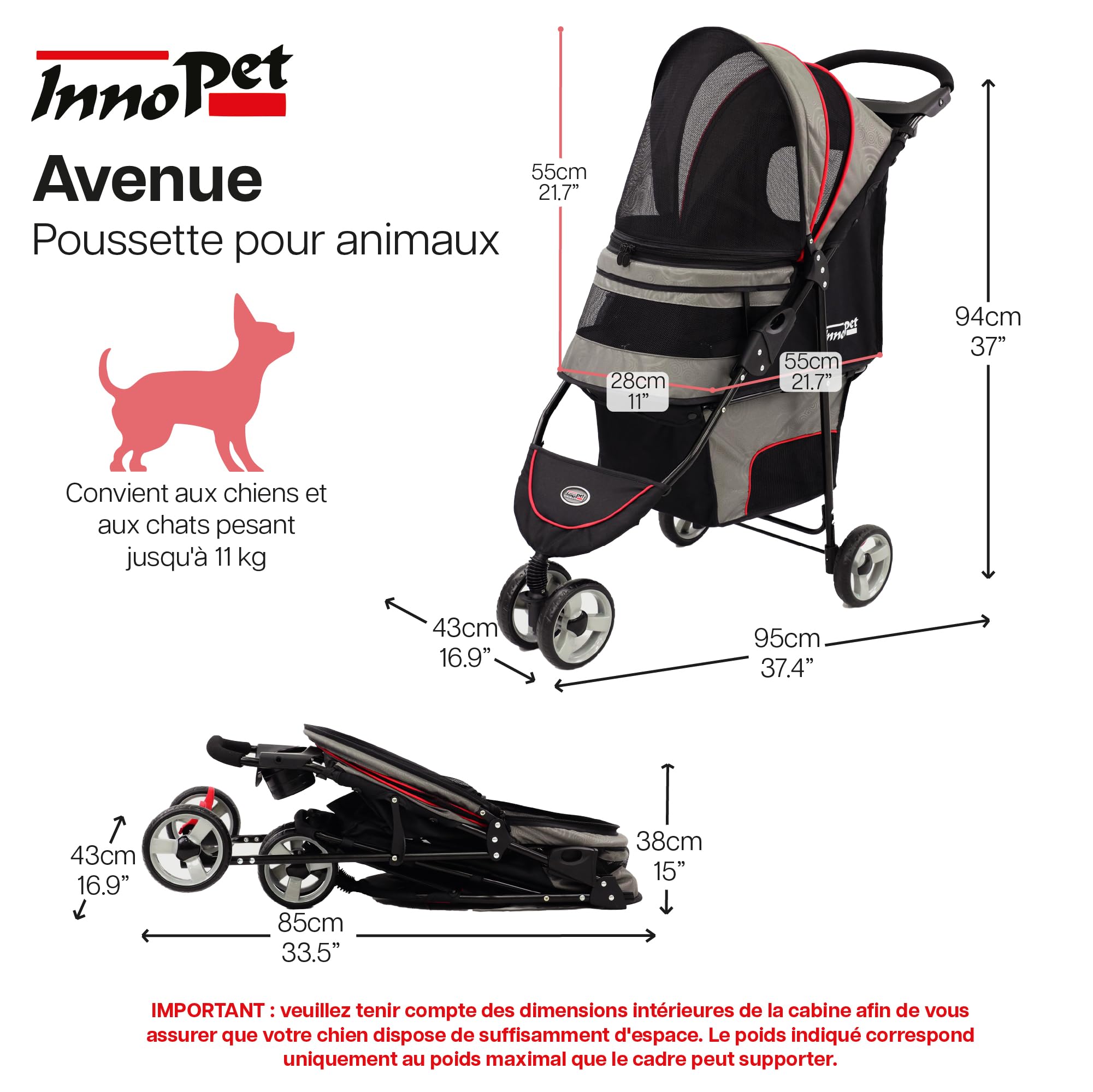 Poussette légère Innopet Avenue pour chiens et chats, gris/rouge - Poussette urbaine compacte pour animaux de compagnie avec housse de pluie, sangles de sécurité et panier de rangement