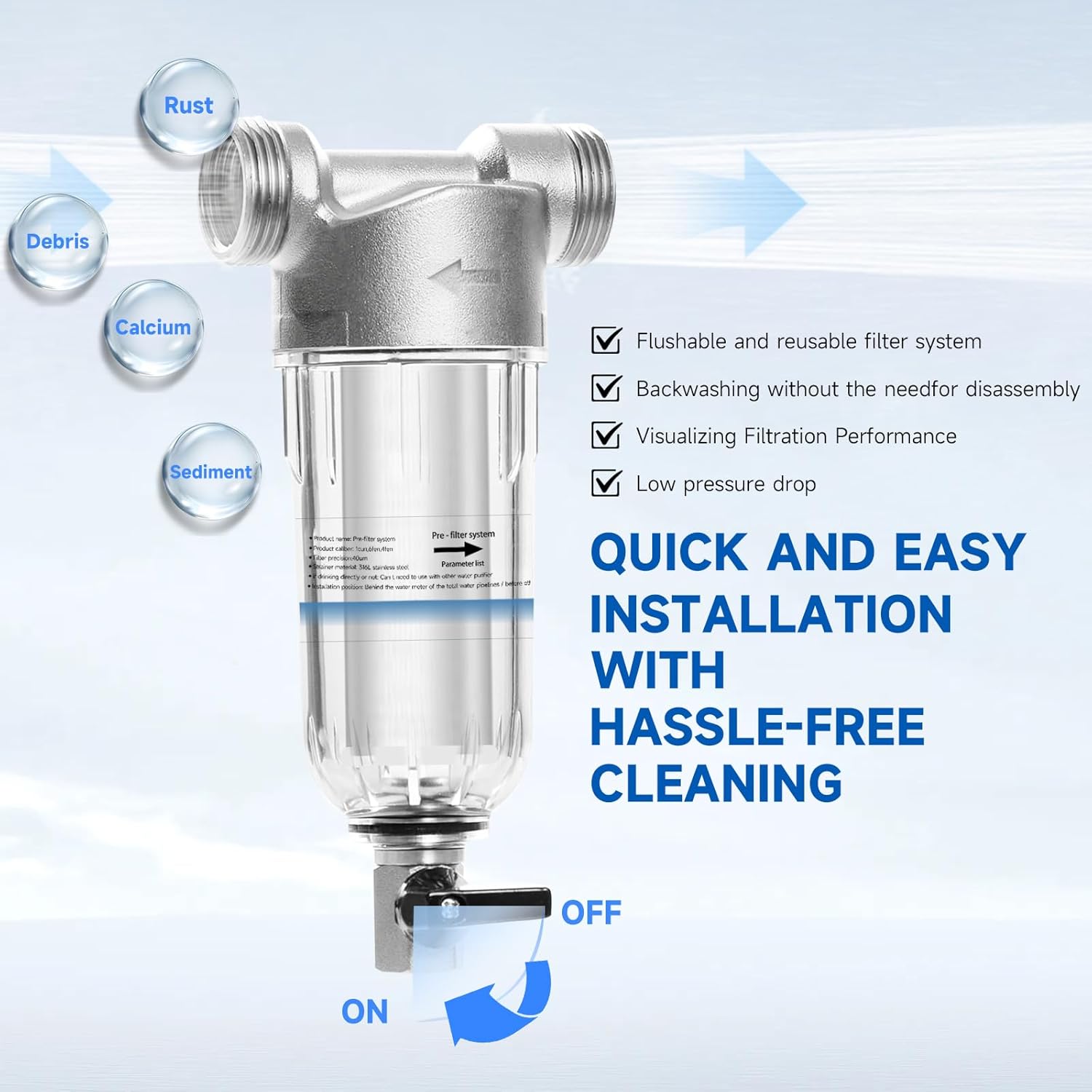 Sediment Filter, 40 & 200 Micron Reusable Spin Down Sediment Water Filter, Whole House Water Filter for Washing Machine Garden Hose, Sediment Buster for Well Water, 1" MNPT + 3/4" FNPT + 3/4" MNPT