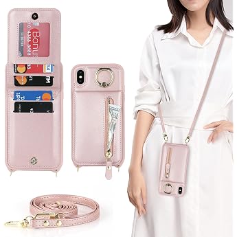 CAVOR Mobile Phone Chain Mobile Phone Case Compatible with iPhone X/XS Case with Strap Flip Leather Wallet Case 4 Card Slots Ring Stand Zip Mobile Phone Case for Neck Strap - Rose Gold