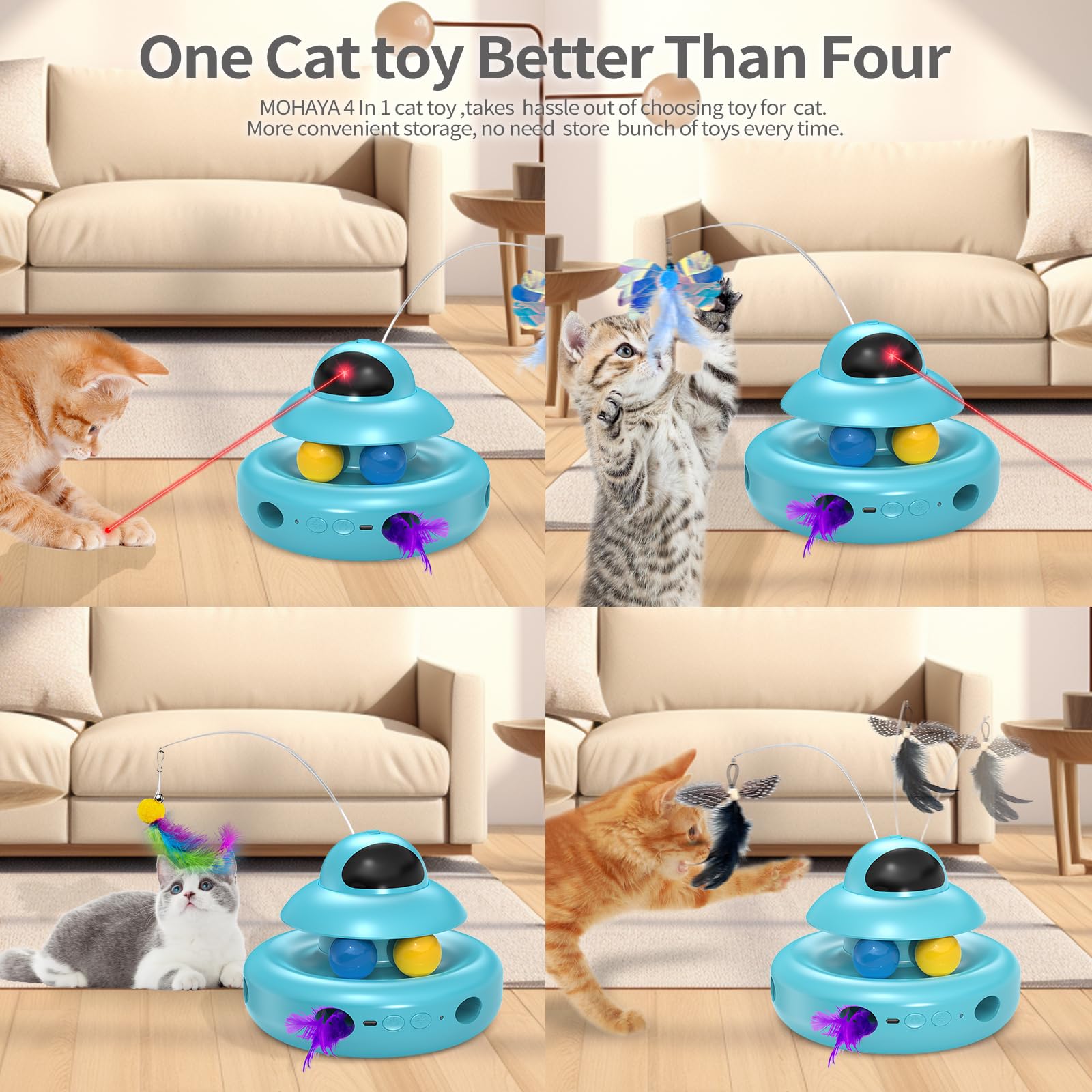 MOHAYA Jouets pour chat, jouet automatique 4 en 1 pour chats adultes ennuyés d'intérieur, papillon volant électrique, Whack a Mole, balles de piste en plumes, bleu
