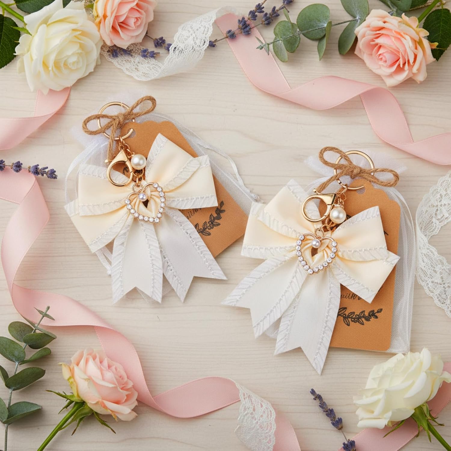 Ecation 20 Set Pearl Bow Keychain Party Favor Bulk Steel Keyring Charm Accessories Souvenir Present Kraft Tag Organza Bag for Guest Baptism Bridal Shower Valentine Coquette Wedding Gift(White)