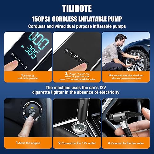 Miniatura 6 de Kit de reparación de neumáticos, compresor de aire portátil de 50 piezas con bomba de aire inalámbrica de 24000 mwh (150 PSI) para MPV, automóviles,