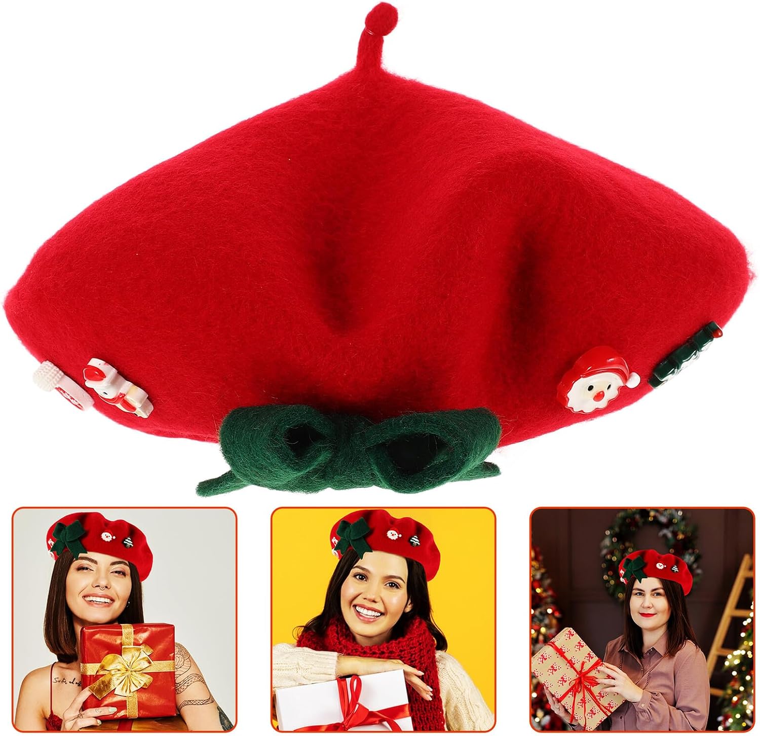 Women’s and ’ Red Wool Christmas Beret Hat with Bowknot, Warm Mushroom Beret Cap for Holiday Season, Fashionable Artist Style Winter Accessory