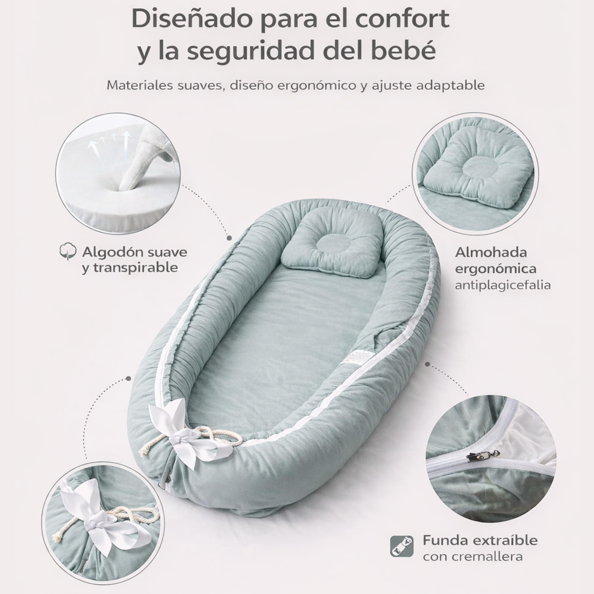 Reductor de Cuna Bebé 0 Meses Verde Pastel – Nido de Algodón con Almohada Protectora, Colchón Desmontable y Funda Lavable, Ideal para Colecho y Cuna