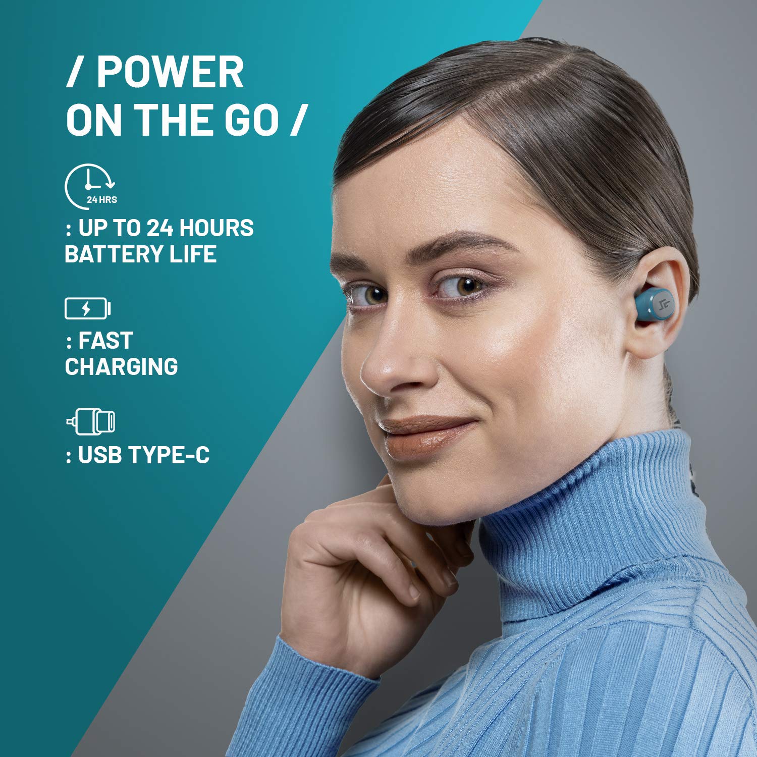 CrossBeats Urban Earbuds charging case with battery life and USB Type-C details