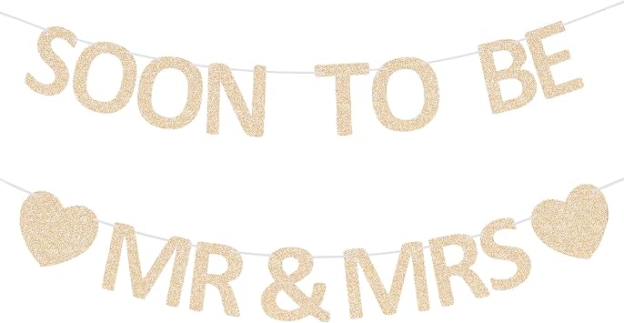 Mr & Mrs Banner Pre-strung Soon To Be Mr and Mrs Sign Glitter Engagement Banner for Bridal Shower Wedding Engagement Bachelorette Party Decorations Champagne Gold