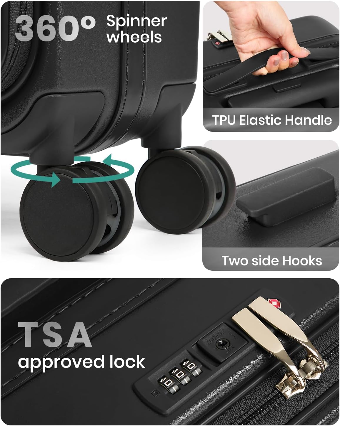 Joyway Luggage Set 3 Piece Top Opening Suitcase Set with Spinner Wheel and TSA Lock, PC Hard Shell Carry on Luggage with Front Pocket for Woman Men (Black) - Image 6