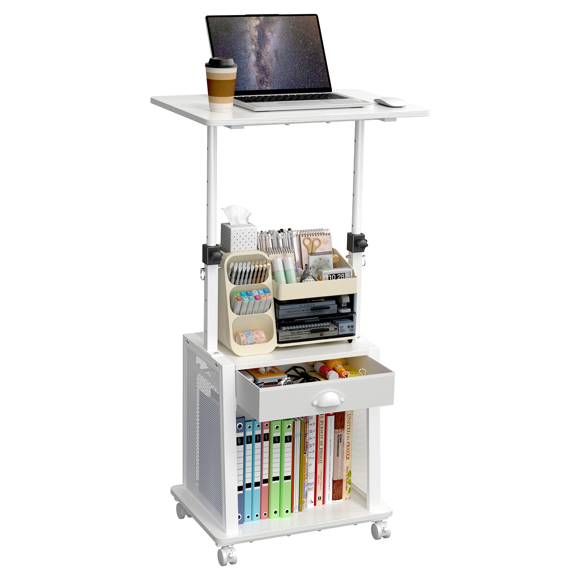 Height Adjustable Standing Desk on Wheels with Drawer, computer desk White