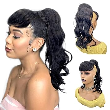 VAVANGA 16inch Loose Deep Wave Ponytail with Bangs, Synthetic Black Ponytail & Swoop Side Quick Pony Bang Hair Piece Attached Bun with Ponytail Hair Extension for Black Women16", 1B#