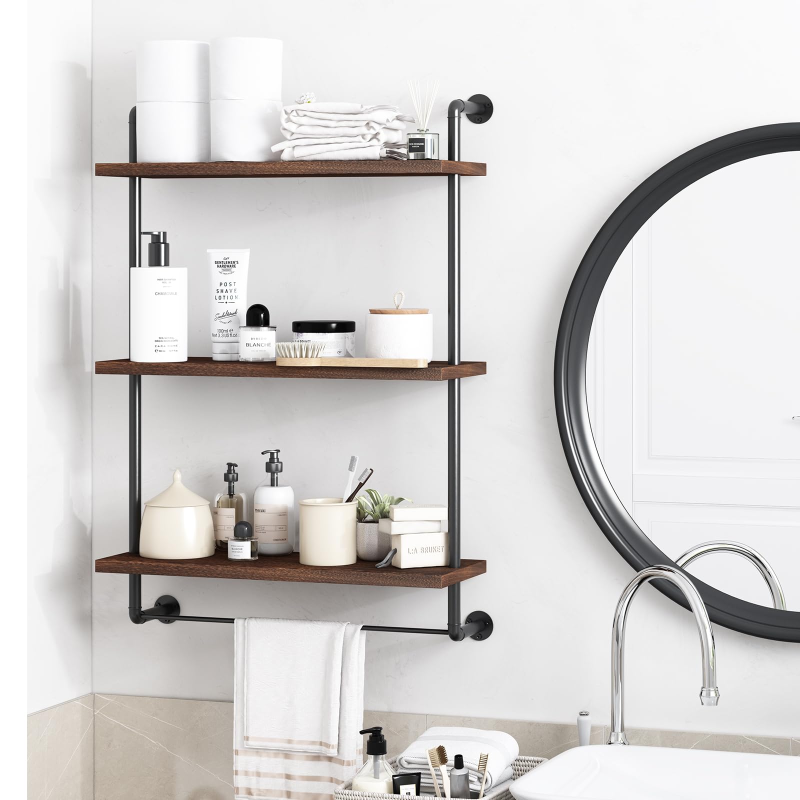 Fixwal 24in Industrial Pipe Shelf, 3 Tier Bathroom Shelves Wall Mounted, Rustic Wood Storage Shelves, Floating Shelf Wall Decor for Bathroom, Living Room, Kitchen, Bedroom (Dark Carbonized Black)