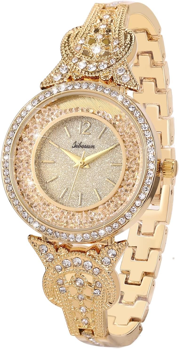 SIBOSUNLady Women Wrist Watch Quartz Gold Stainless Steel Crystal Dress Fashion Bracelet