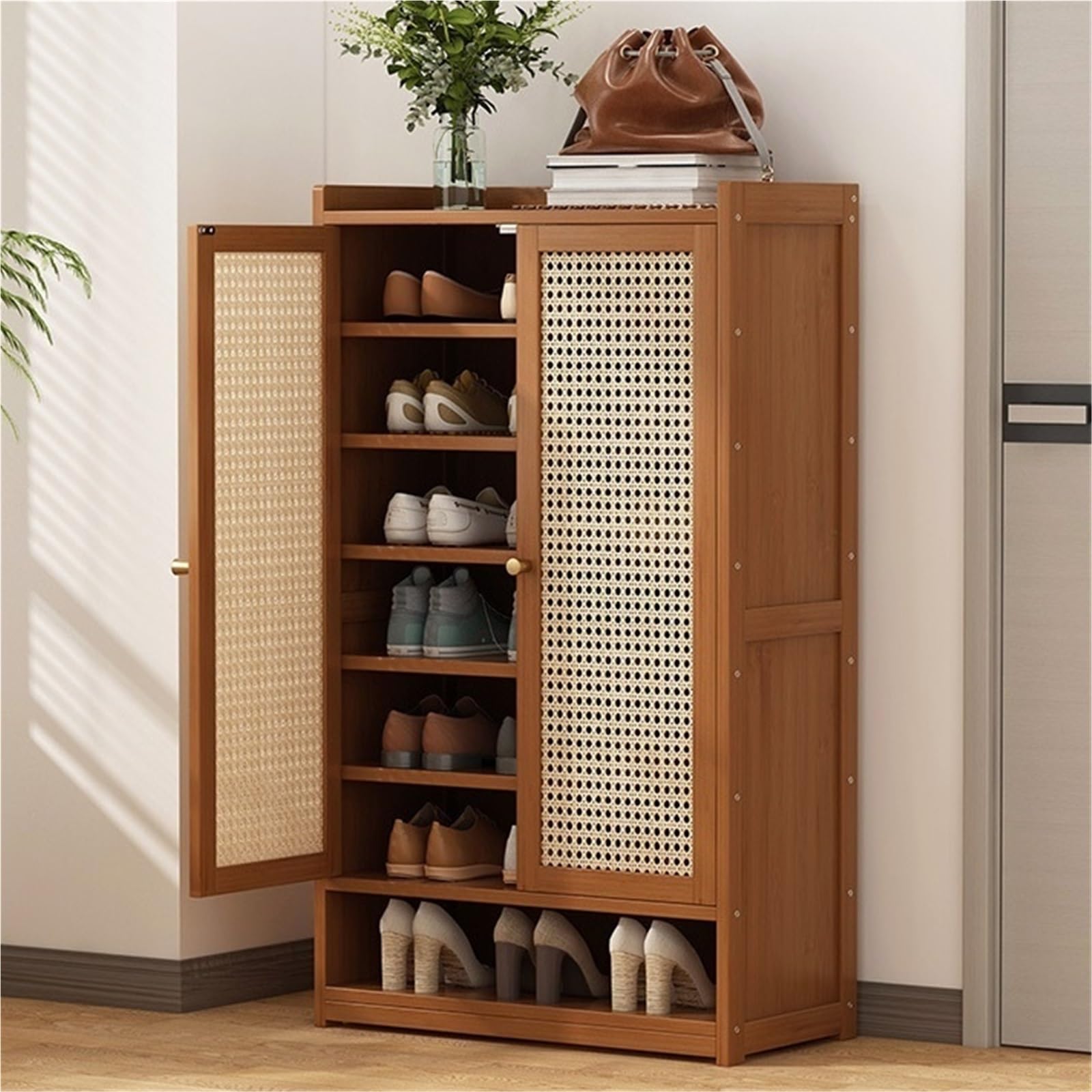 IvyLoutish Shoe Cabinet with Doors 8-Tier Shoe Storage Cabinet Free Standing Bamboo Shoe Shelf Shoe Organizer Storage Rack for Living Room Entryway Hallway,Freestanding Organizer