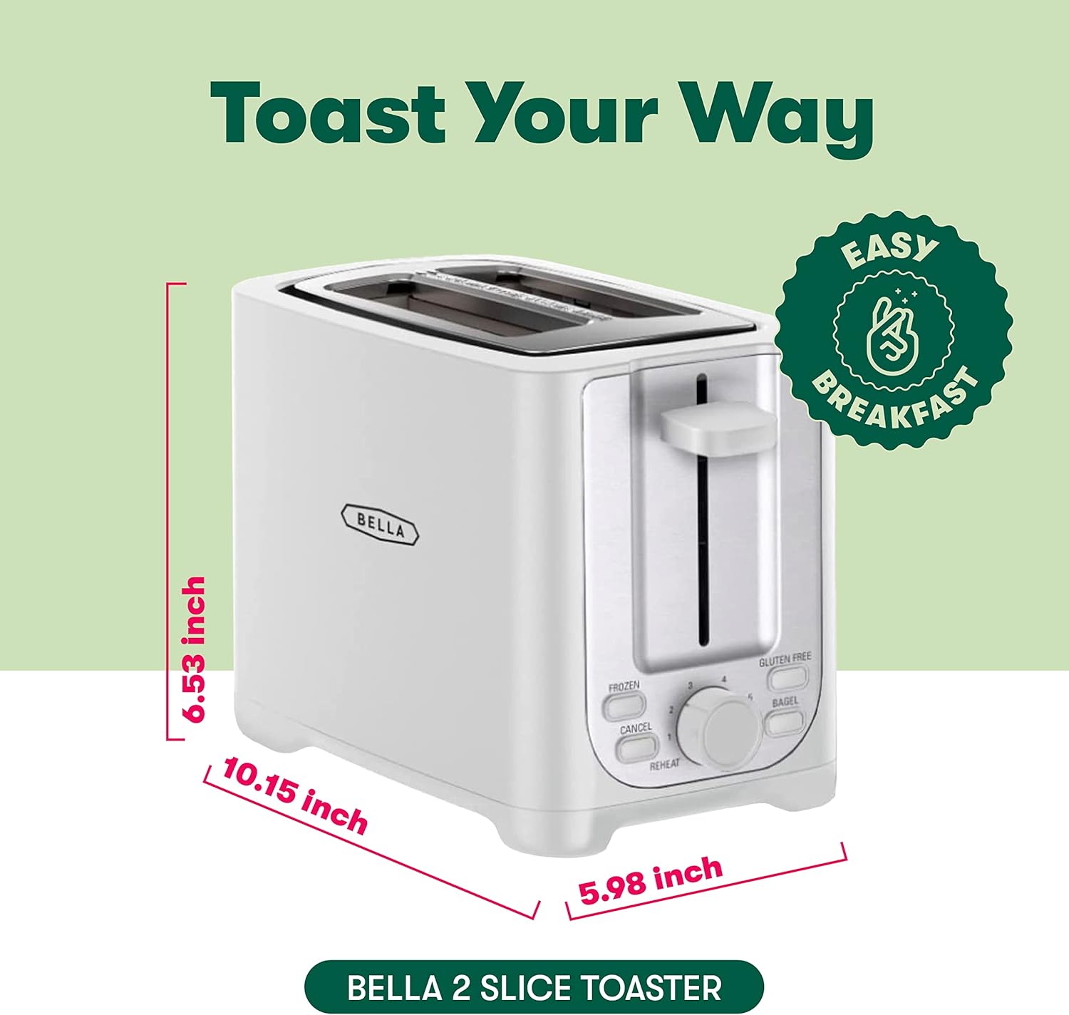 BELLA 2 Slice Toaster with Auto Shut Off - Extra Wide Slots & Removable Crumb Tray and Cancel, Defrost & Reheat Function - Toast Bread, Bagel & Waffle, White