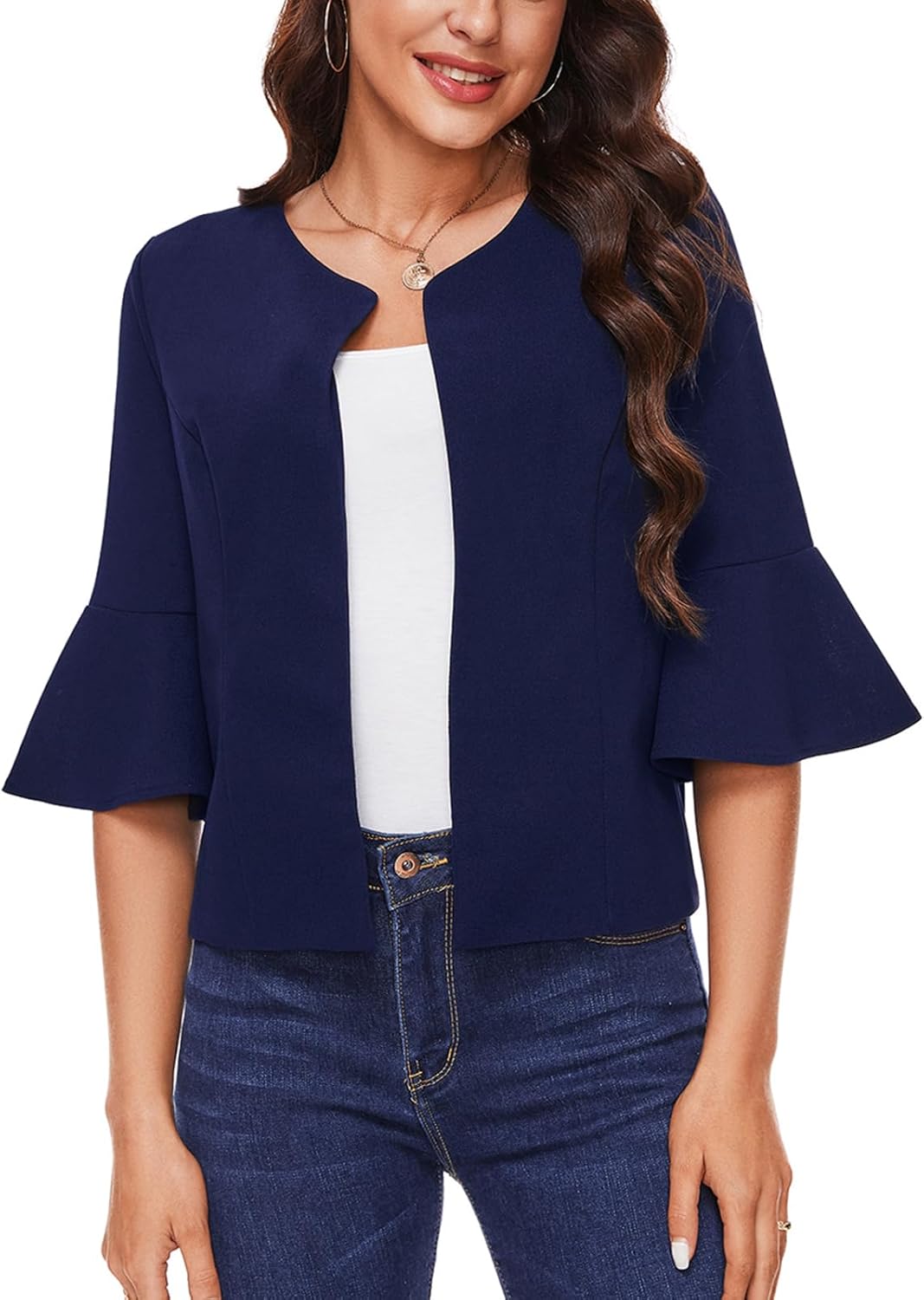 MINTLIMIT Cropped Blazer for Women Casual Elegant Open Front Blazer Flared 3/4 Sleeve Tailored Cardigan Suit Jacket - Image 4