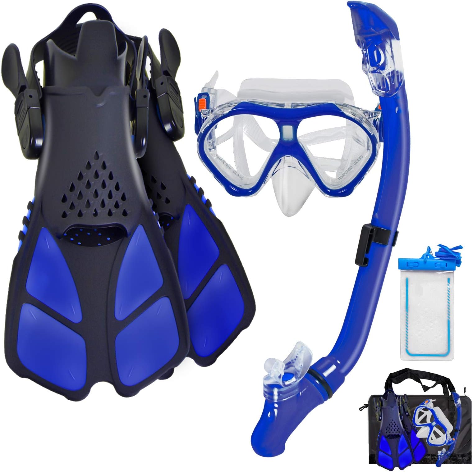 Kids Snorkeling Set Children Mask Fin Snorkel Set Snorkeling Gear Snorkel Mask + Adjustable Swimming Kids Flippers+ Dry Snorkel Tube + Travel Bags