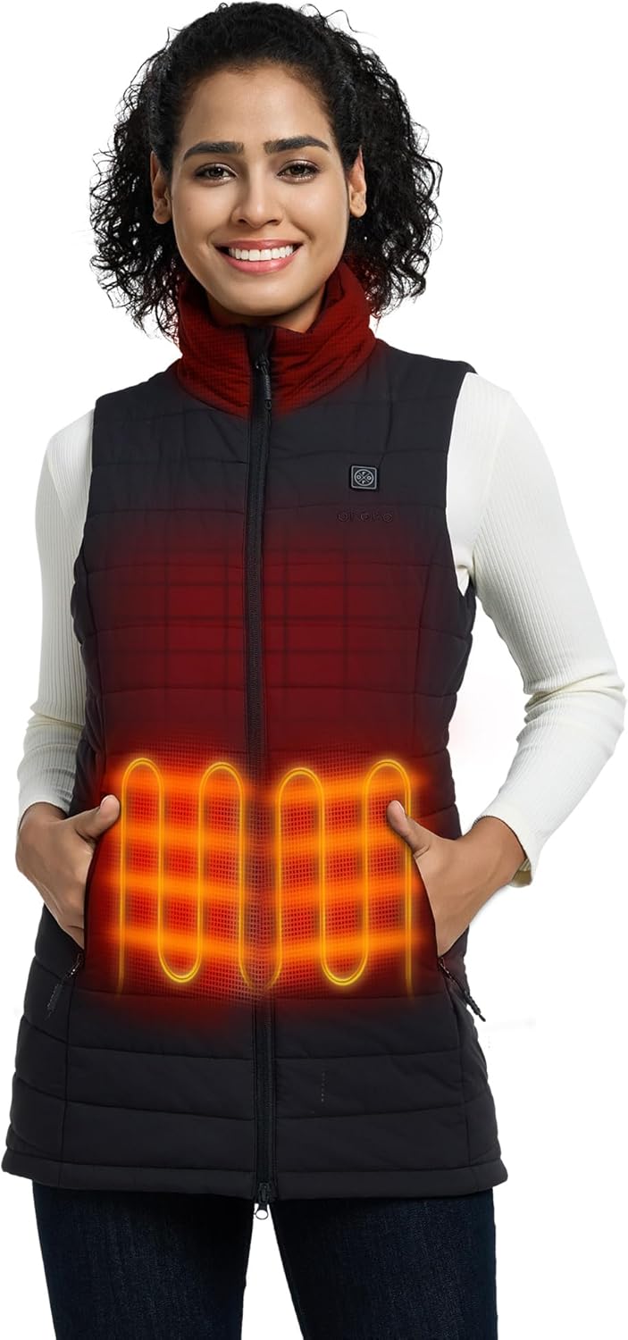 ORORO Gilet lungo riscaldato da donna con 4 zone di calore, piumino riscaldato lungo con Power Bank, caricabatterie non incluso