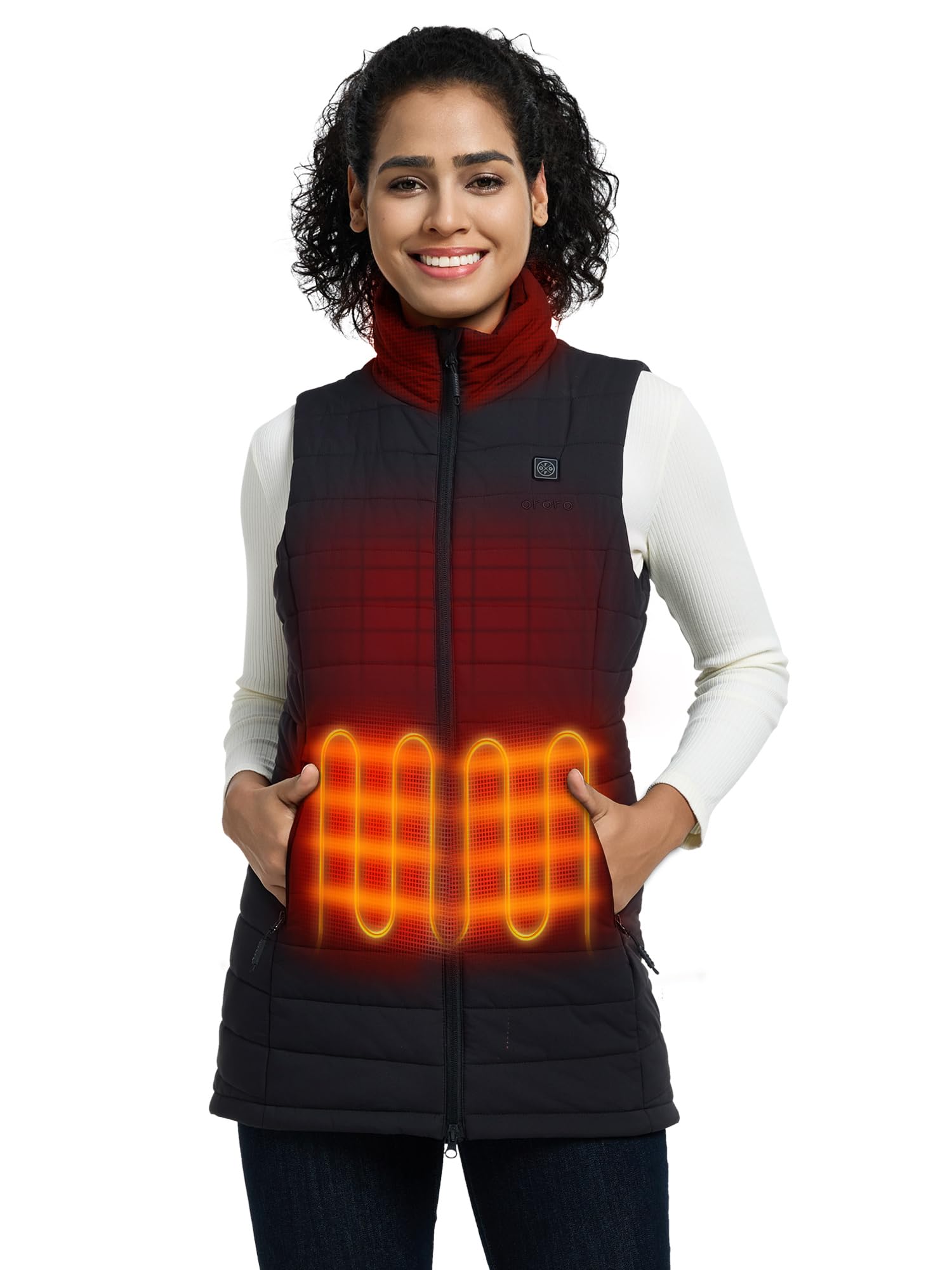 Ororo Women's Black Long Heated Gilet With 4 Heat Zones, Heated Puffer Vest With Power Bank - Charger Not Included (,M)