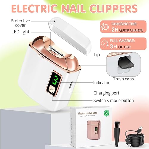 Miniatura 3 de Cortauñas eléctrico con luz LED, recortador de uñas recargable por USB, manicura de uñas de 3 velocidades para bebés, niños, personas mayores y