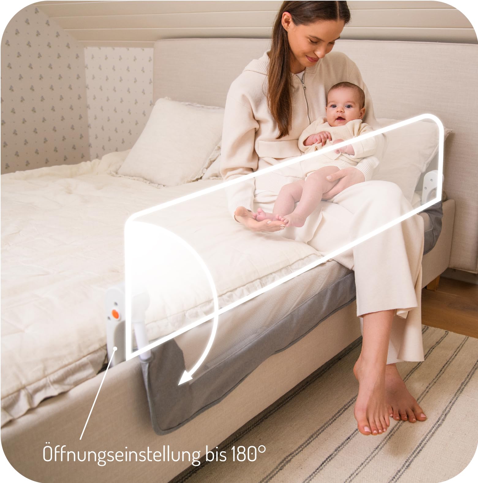MoMi LEXI PLUS, Rausfallschutz für Kinderbett für Babys und Kinder ab 18. Monat bis zu 5 Jahren, Bettschutzgitter 150x43x36 cm für Matratze mit 22 cm Dicke, ausklappbar 180°, waschbarer Bezug