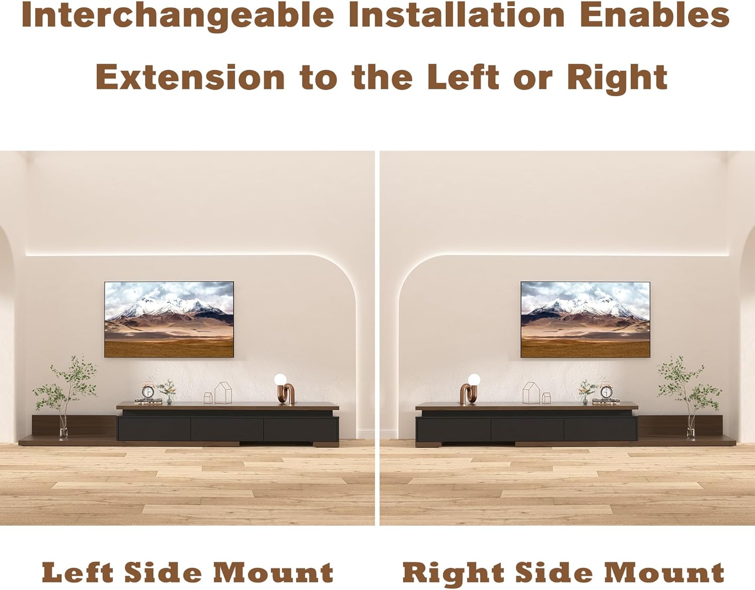 Betterhood Extendable TV Stand with LED Lights (80” - 106”), Wood Entertainment Center for Up to 120" TV, Modern Reversible TV Console with Three Drawers, Living Room, Bedroom, Black & Walnut
