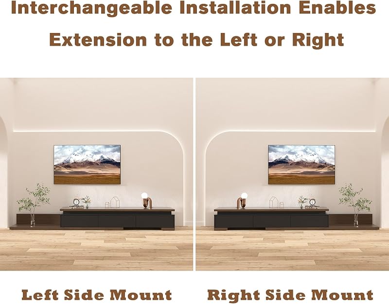 Betterhood Extendable TV Stand with LED Lights (80” - 106”), Wood Entertainment Center for Up to 120" TV, Modern Reversible TV Console with Three Drawers, Living Room, Bedroom, Black & Walnut image 6