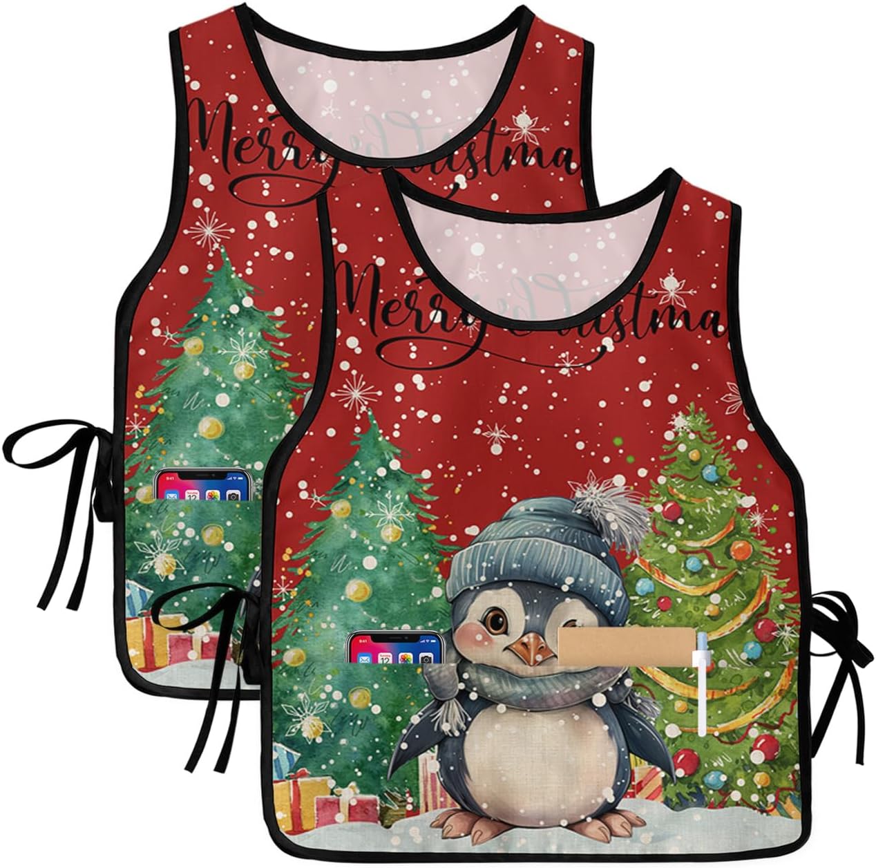 Double Love Christmas Cobbler Aprons with 2 Pockets Bib Snowflakes Xmas Tree Elk Leaves Navy Blue Gold Green
