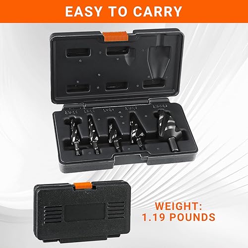 Miniatura 7 de Juego de 5 brocas en espiral HSS de 4 flautas (18"-1-38") con vástago de 14" y 38", brocas escalonadas para perforación de agujeros en acero