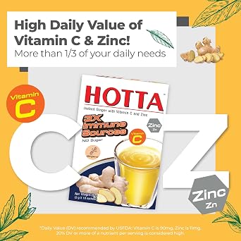 HOTTA Instant Ginger Drink With Zinc & Vitamin C Hot or Cold No Sugar Caffeine Free Tea Soothes Throat Easy Brewing Low Calories Real Asian Ginger, 10 Sachets