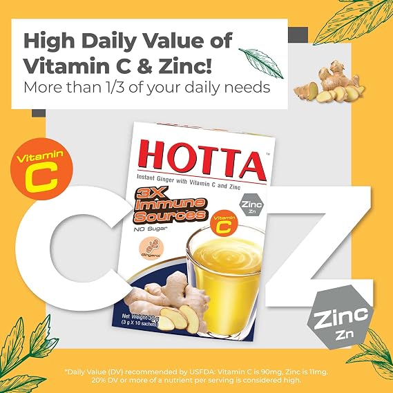 HOTTA Instant Ginger Drink With Zinc & Vitamin C Hot or Cold No Sugar Caffeine Free Tea Soothes Throat Easy Brewing Low Calories Real Asian Ginger, 10 Sachets
