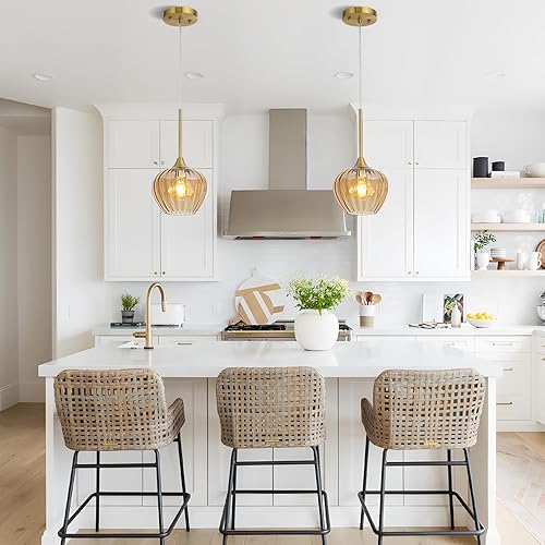 Miniatura 4 de Paquete de 2 colgantes de cristal ámbar, 7 pulgadas, modernas, doradas, vintage, mini lámpara colgante de techo para cocina, isla, comedor, baño,