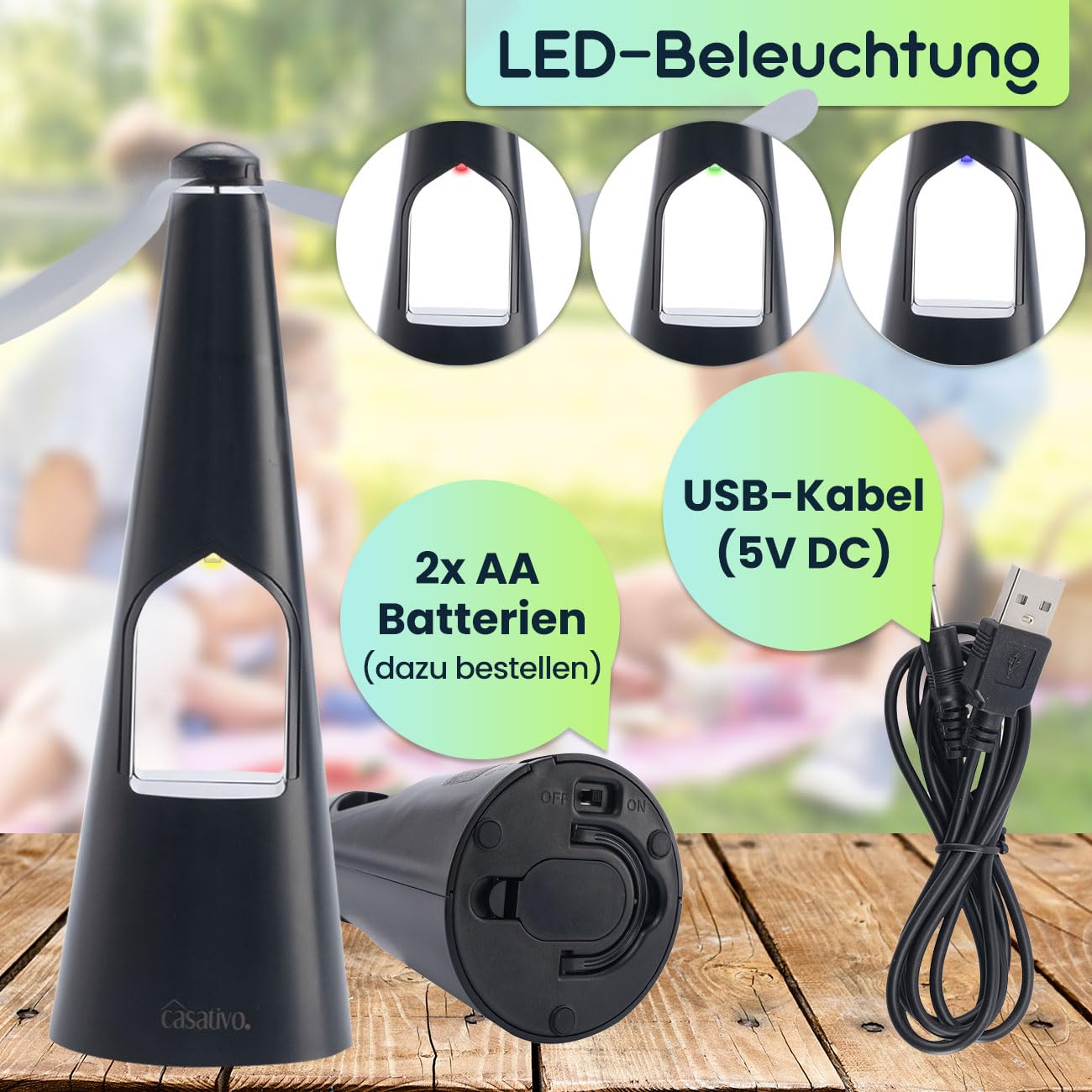 Fliegenwedler 2-Set 2-Flügel mit LED-Beleuchtung, Batterie & USB | Sanfte, effektive Fliegenabwehr für Tisch & Unterwegs | Flexibel Einsetzbar beim Essen & Outdoor