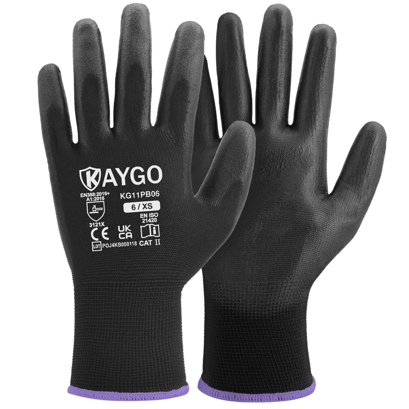 KAYGO Work Gloves PU Coated-12 works, KG11PB, Safety Working Gloves with Secure Grip on Palm & Fingers