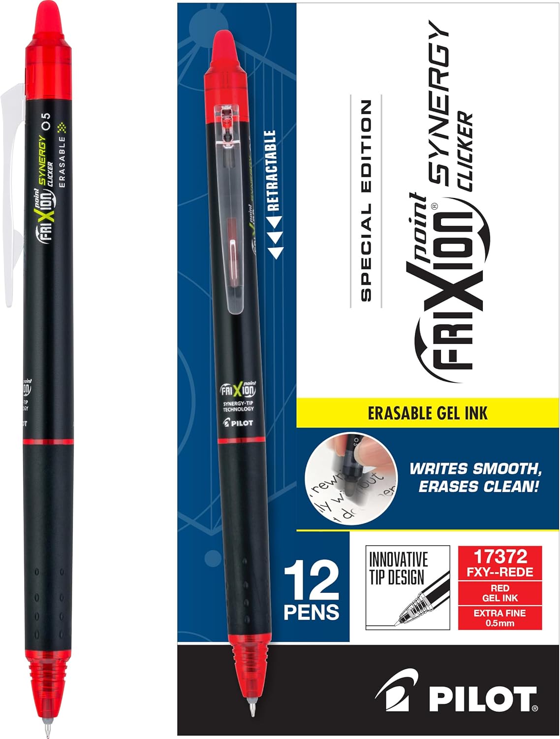 PILOT, FriXion Synergy Clicker Erasable, Refillable, Retractable Gel Ink Pens, Extra Fine Point 0.5 mm, Pack of 12, Red Ink