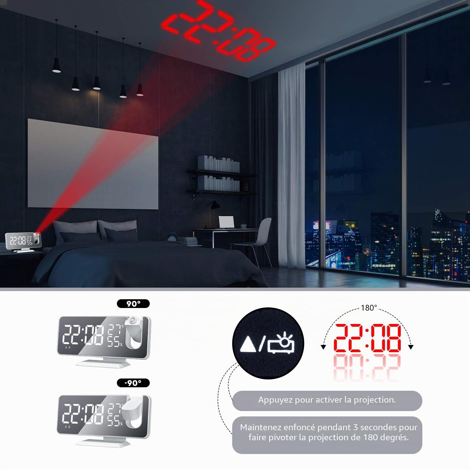ThreeH Réveil de Projection avec Chargeur USB Réveil de Projecteur Rotatif à 180 ° avec Radio FM Écran Miroir 7,4 '' 2 Sons 4 Gradateurs Blanc