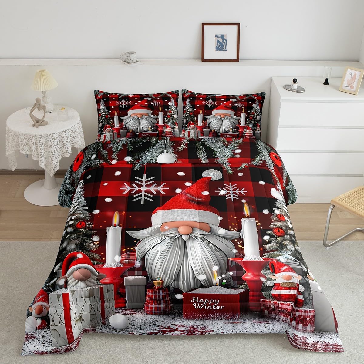 Erosebridal Merry Xmas Comforter Set Queen for Girls, Christmas Decor Bedding Set Santa Claus Gnome Quilt for Kids Boys Child, Snowflake Geometric Grid Plaid Duvet Sets Christmas Tree Bedroom Decor