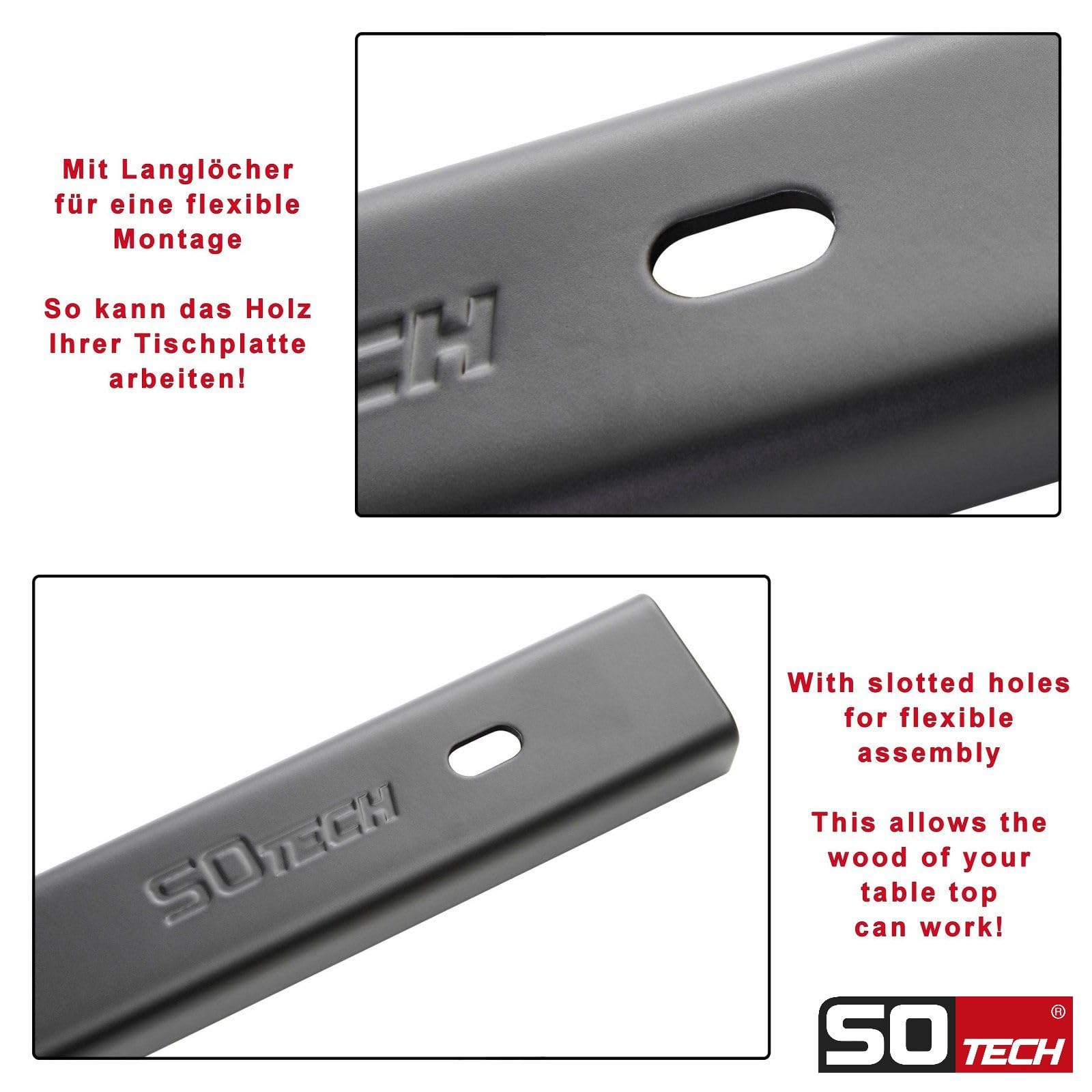 SOTECH Gratleisten 3 Stück U-Form Stahl schwarz 70 x 4 x 2 cm für Tischplatten/inkl. Befestigungsschrauben und Einschraubmuffen Verstärkungsprofil, Querstrebe, U-Profil, Aussteifungsprofil