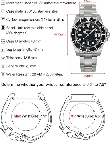 Miniatura 7 de TACTICAL FROG Cronos PT5000 - Reloj de buceo automático para hombre, cristal de zafiro, totalmente luminoso y deportivo, estilo clásico, negro,