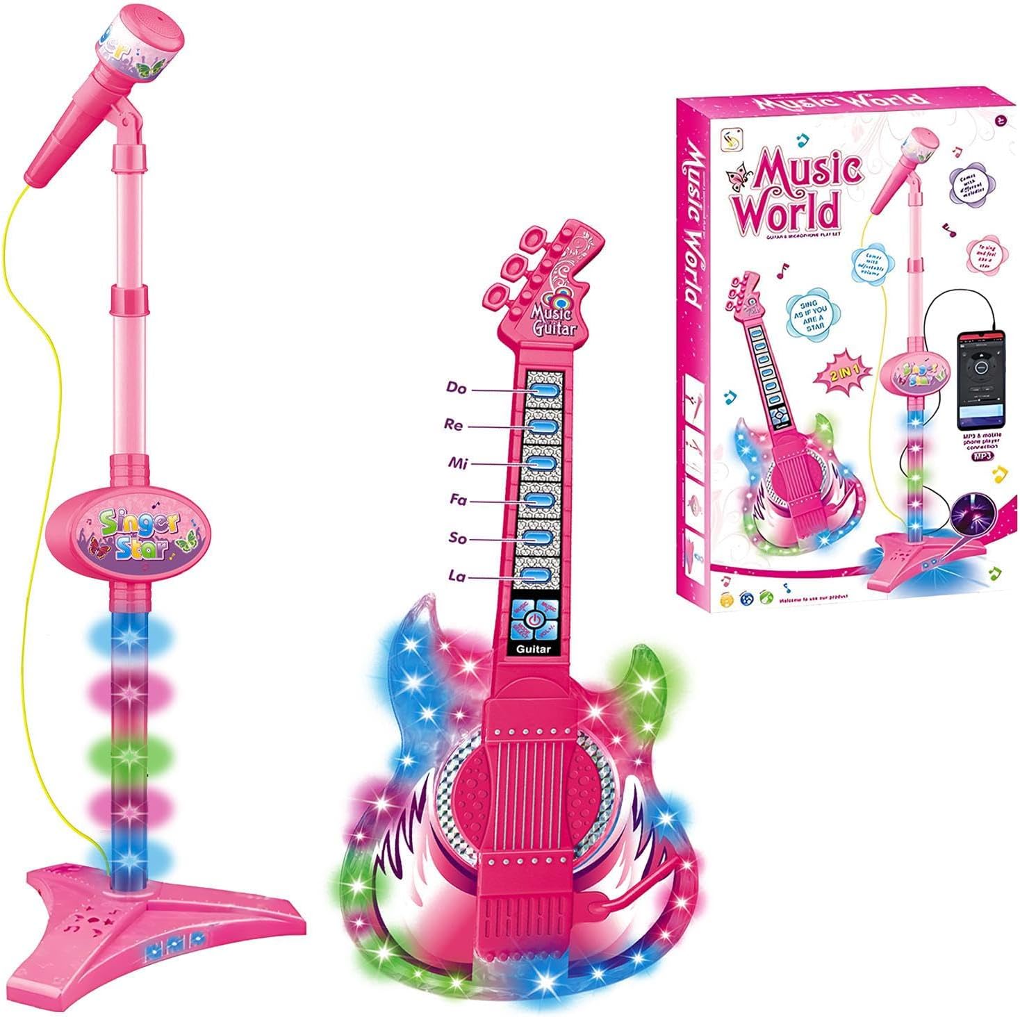 Guitar Microphone Toy - Electric Musical Guitar Playset, Lights Sound Included, Adjustable Height Stand, Abs Electronic Rockstar Set | Fun Ability Development Music Toy for Ages 3-8 Gift